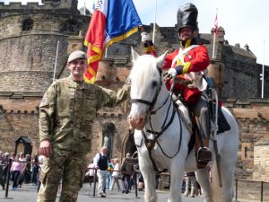 Sergeant Keith Mitchell meets the 'ghost' of Sgt Charles Ewart outside Edinburgh Castle.