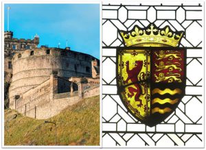 The curved wall of the Half-Moon Battery and (r) the coat of arms of King David II