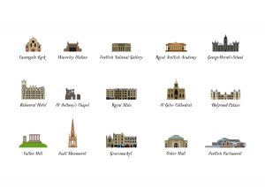Illustration work undertaken to depict the landmarks of Edinburgh