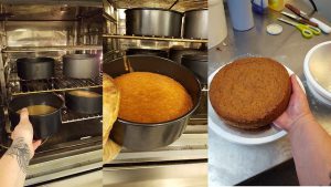 A collage of pictures showing the making of a cake