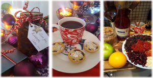 A cup of tea, mince pies and a glass of jam
