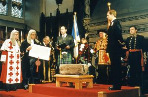 A photo from 1996 of the unveiling of the Stone of Destiny at Edinburgh Castle