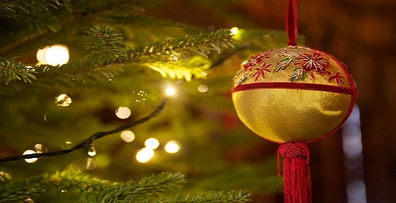 A christmas bauble on a tree