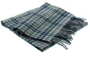 a blue and grey scarf with a checked pattern