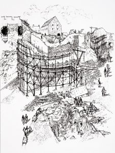 black and white sketch showing An artist's impression of the Half-Moon Battery being built around the ruins of David's Tower after the Lang Siege of 1571-3, Edinburgh Castle.