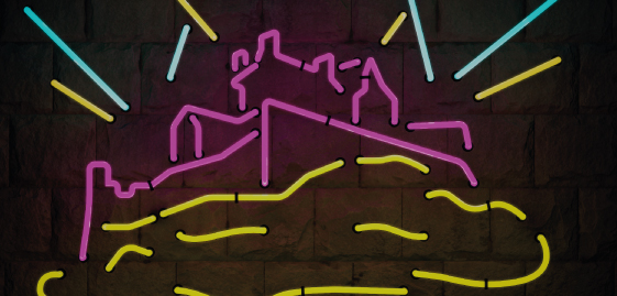 An artist's impression of Edinburgh Castle fromed using colourful neon lines.