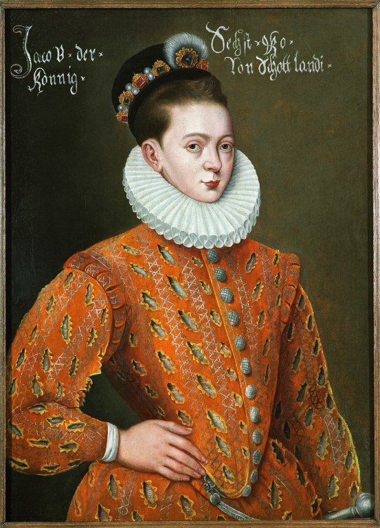 A portrait of a young James VI. He is wearing an ornate orange outfit with a large white ruff. Twelve silver buttons run down the middle of the outfit. James' hair is brown and he wears a bejeweled crown or headdress. 