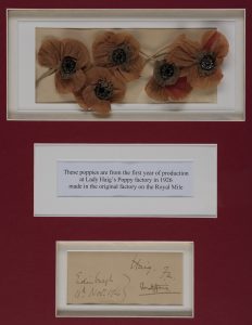 Framed remembrance poppies. The colour is a faded compared to modern day remembrance poppies
