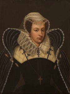 A portrait of Mary Queen of Scots in a black dress and a large white ruff.