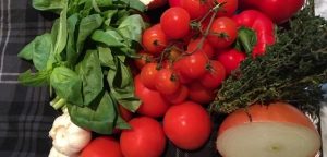 tomatoes, basil, red peppers and onion