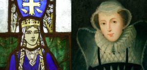 Close up images of a stained glass depiction if St Margaret and a portrait of Mary, Queen of Scots