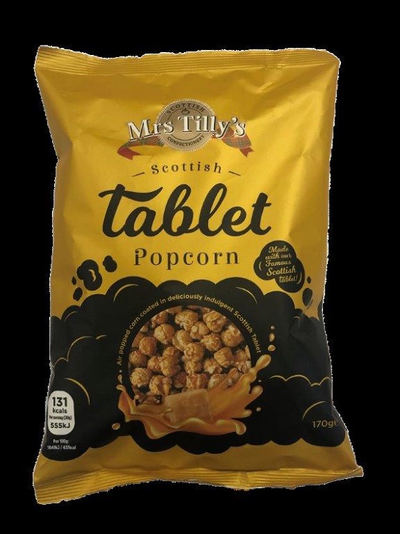 A bag of Mrs Tilly's Scottish tablet popcorn.