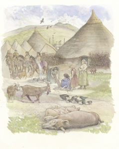 drawing showing thatched roundhouses with people and domesticated animals.