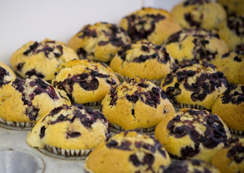 A tray of chocolate chip muffins