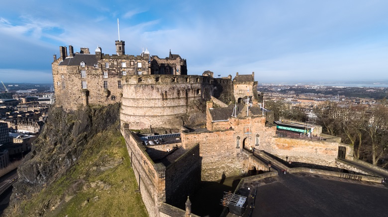 A drone photo of Edinburgh Castle and its defences 