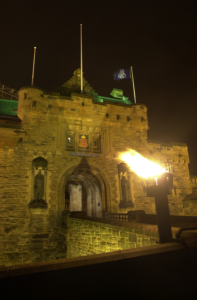 entrance to Edinburgh Castle with brazier or torch burning outside