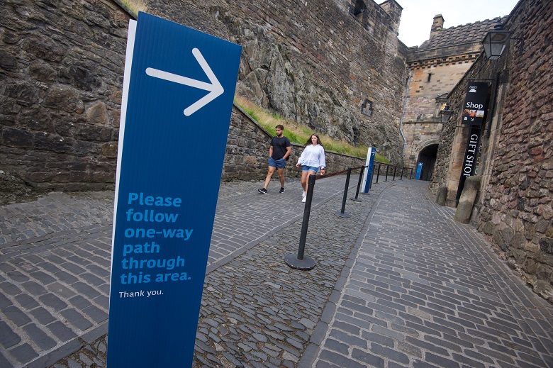 A photo from a Visual Story showing a one way system allowing for socially distanced entry into Edinburgh Castle 