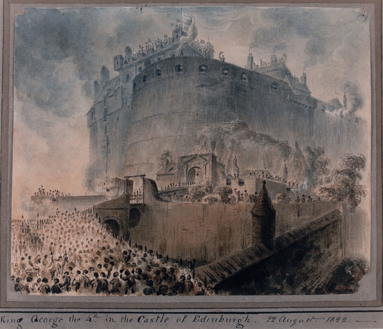 A painting of large crowds gathered beneath the walls of Edinburgh Castle