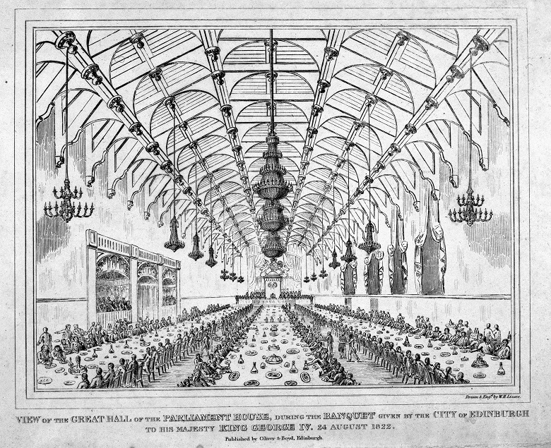 A drawing in black and white of a large meal taking place in a great hall with an ornate timbered roof