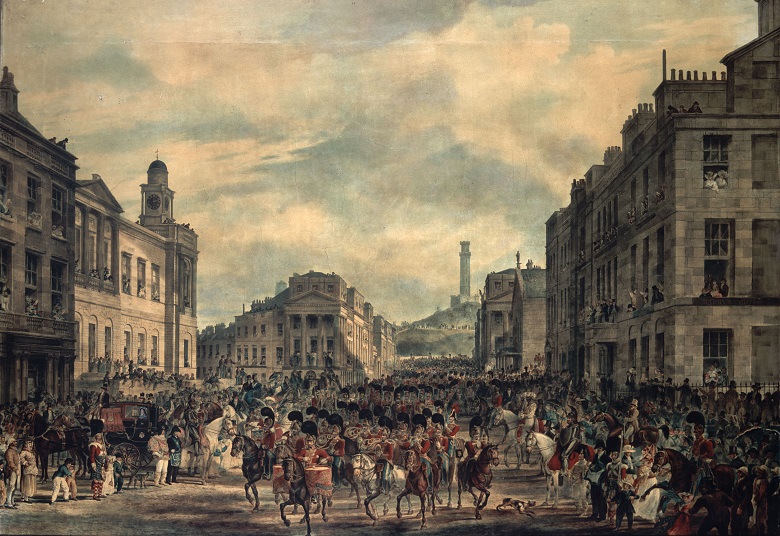 A painting of a royal procession going through Edinburgh with large crowds gathered