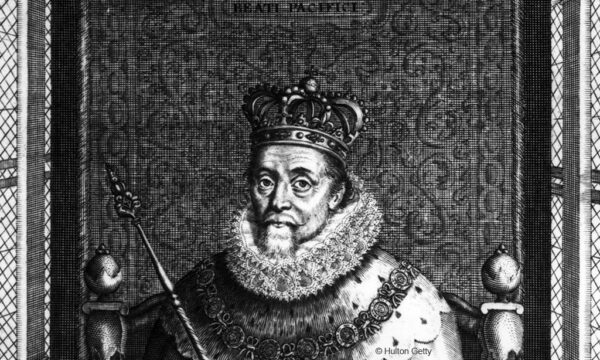 Engraving of James VI seated on a throne with the royal regalia.