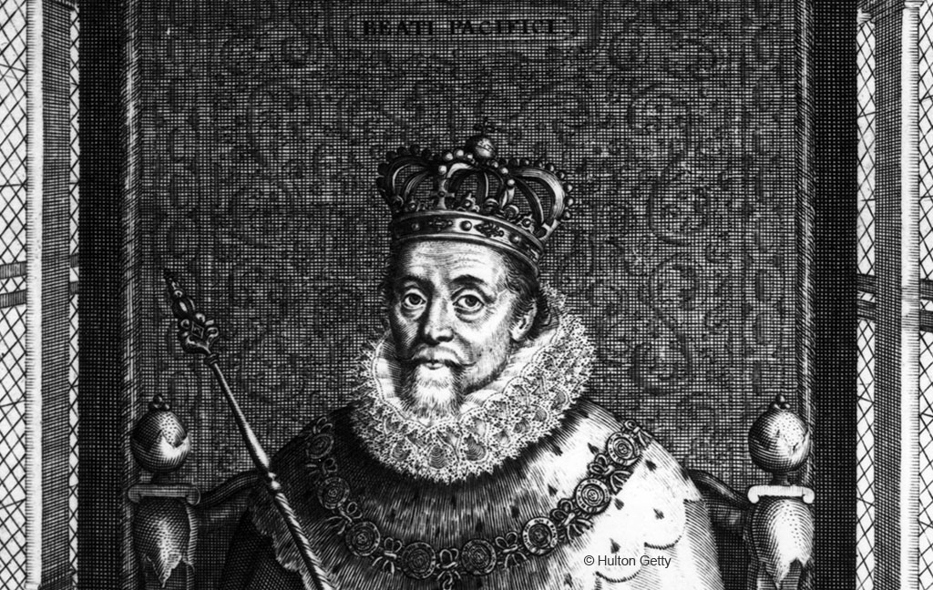 Engraving of James VI seated on a throne with the royal regalia.