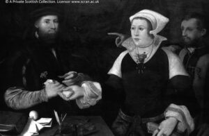 Black and white photo of an oil painting showing Margaret Tudor and the Duke of Albany.