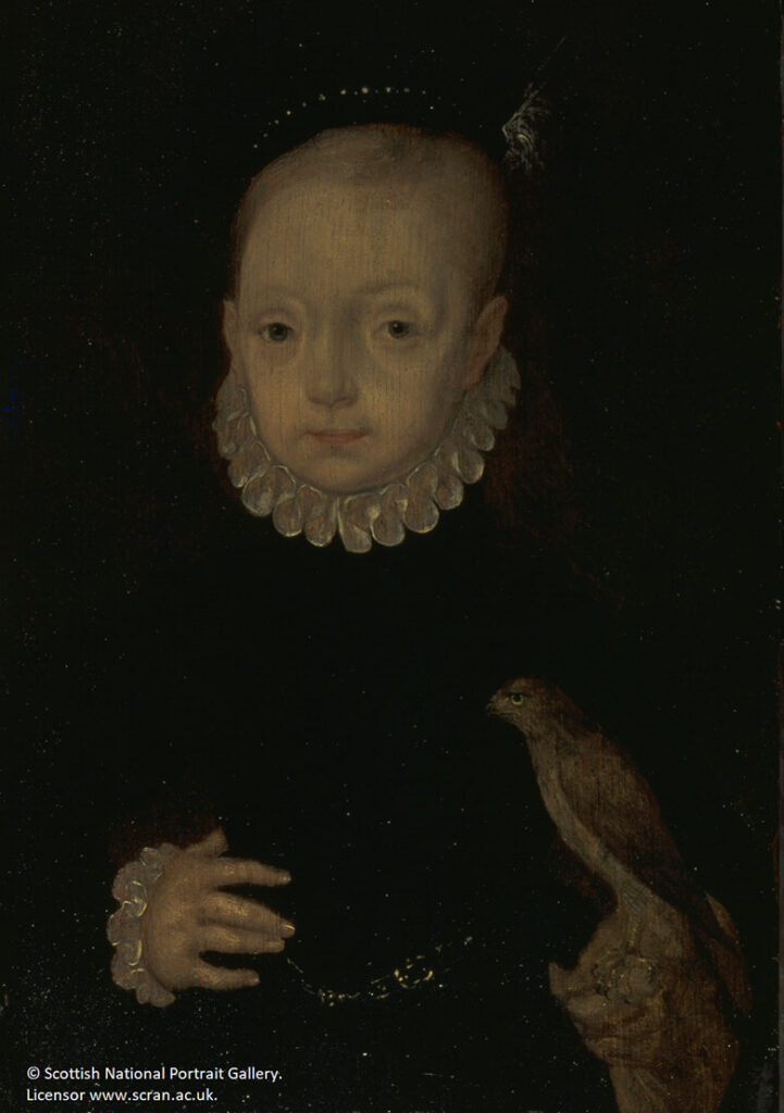 A dark oil painting showing a young boy wearing dark clothing and a ruff holding a hunting hawk.