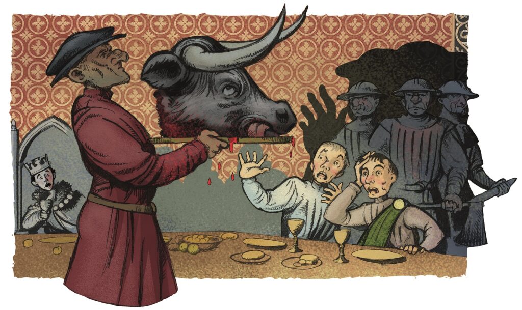 A caricature of a man holding a cut off bull's head and shocked dinner guests staring at the head. 