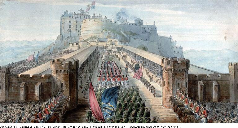 Coloured engraving showing a procession going up to Edinburgh Castle. 