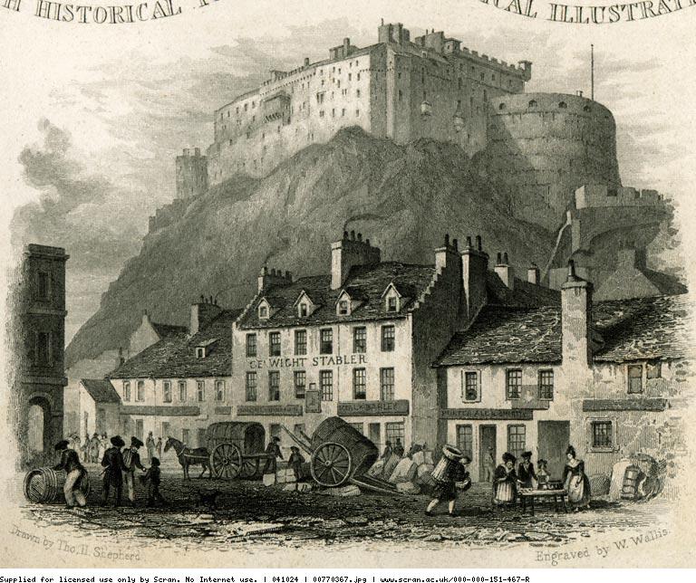 Engraving showing Edinburgh Castle with the Grassmarket below