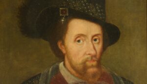 In this portrait the King's clothes are meticulously rendered. James VI is shown wearing a broad-brimmed black hat, an embroidered black coat over a costume decorated with gold braid and jewelled buttons down the front.