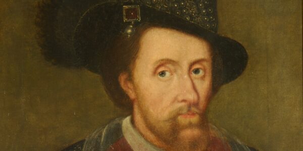 In this portrait the King's clothes are meticulously rendered. James VI is shown wearing a broad-brimmed black hat, an embroidered black coat over a costume decorated with gold braid and jewelled buttons down the front.