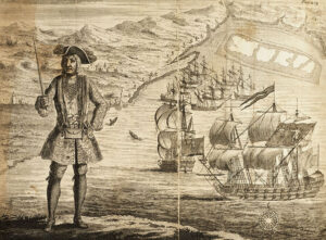 A sepia-toned illustration of a pirate standing confidently in the foreground, holding a sword and wearing a tricorne hat, long coat, and breeches. Behind him, several large sailing ships with multiple masts and pirate flags are anchored in a bay. The background features a coastal landscape with mountains and settlements.