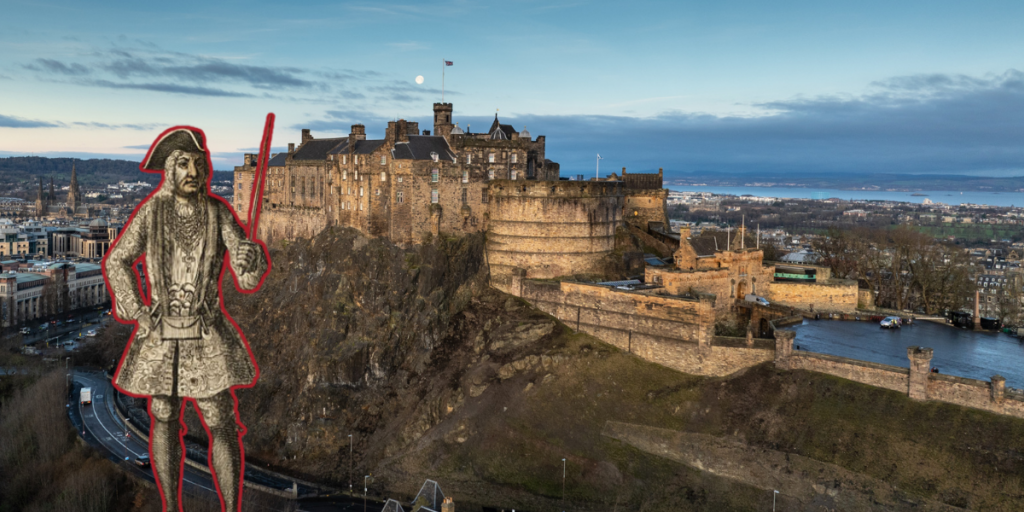 View of Edinburgh Castle perched on a rocky hill, surrounded by stone walls and overlooking the cityscape and distant water under a clear blue sky. In the foreground, there is an illustration of a historical pirate in ornate period clothing, outlined in red and holding a long sword.