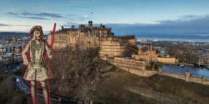 View of Edinburgh Castle perched on a rocky hill, surrounded by stone walls and overlooking the cityscape and distant water under a clear blue sky. In the foreground, there is an illustration of a historical pirate in ornate period clothing, outlined in red and holding a long sword.