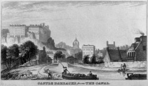 Black and white historical engraving of a canal scene with a castle on a hill in the background.