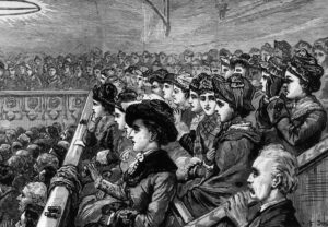 Black and white drawing of historical women in stalls listening to a speech.